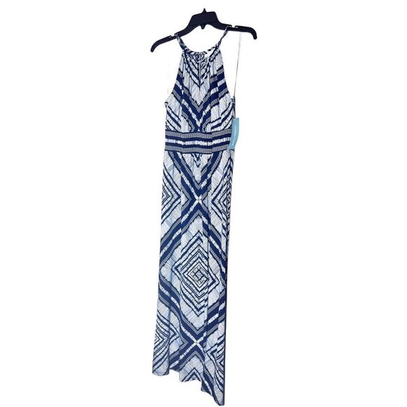London Times Womens Blue Halter Diamond Print Jersey Knit Maxi Dress Sz 10 New - Picture 6 of 7